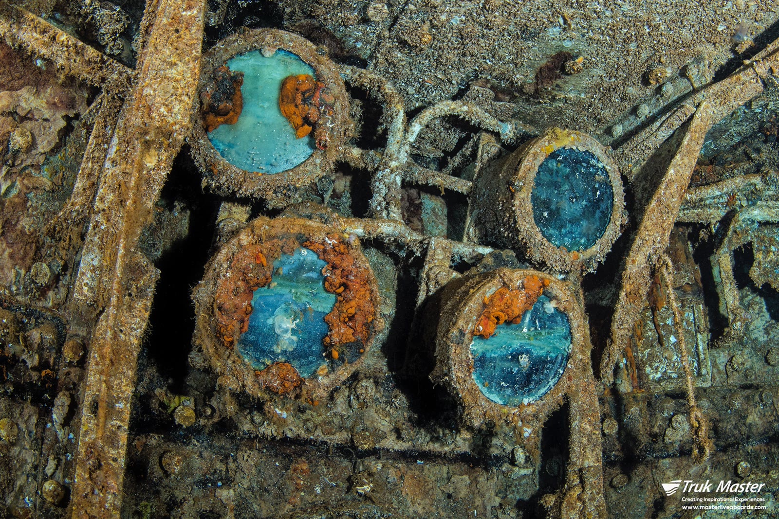 Engine-room gauges in the wheelhouse of the USS Saratoga, Bikini Atoll